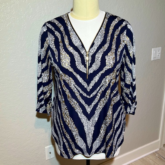 JM Collection Tops - JM Collection | Zip Front Gold Speck Zebraesque Tunic